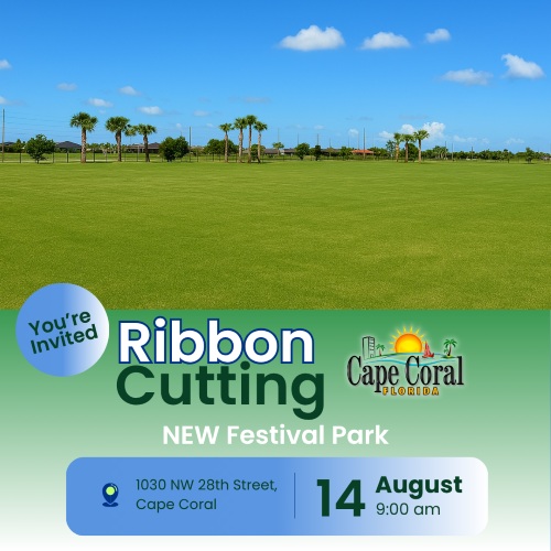 Flyer for Festival Park Ribbon Cutting on August 14 at 9am
